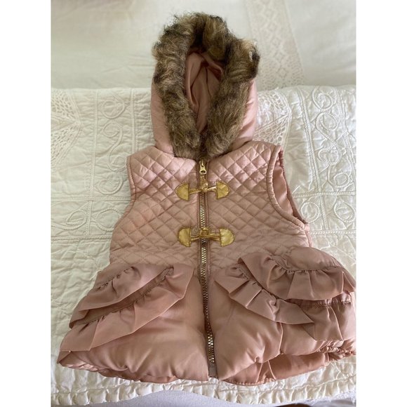 Little Lass Light Pink Puffer Vest Girls 2T Faux Fur Trimmed Hoodie Full Zip EUC - Picture 3 of 16